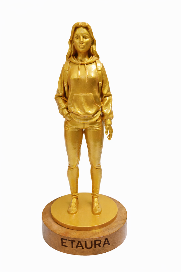Golden GIRL with backpack Figurine on Wooden Base