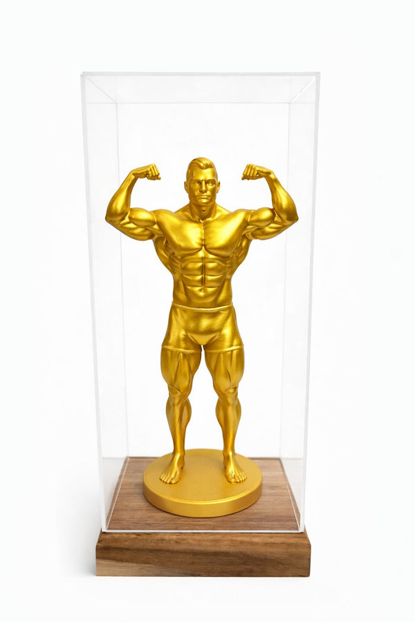 3D Printed Golden Bodybuilder Showpiece in Acrylic Display Case